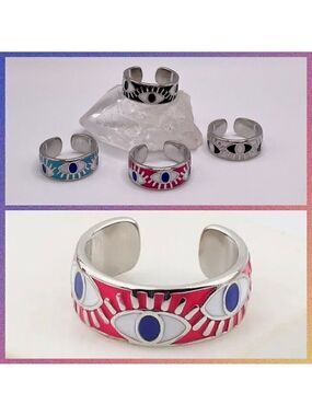 Boho Evil Eye Enamel Adjustable Ring #1306 DK PINK